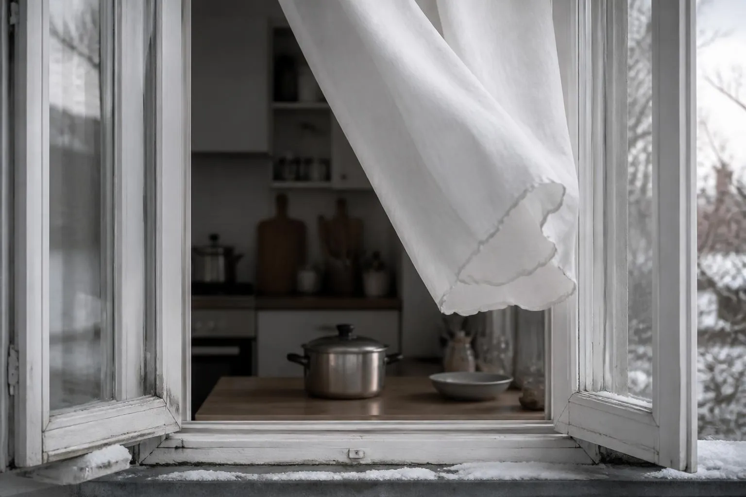Fenêtre à double battant grande ouverte sur une cuisine, rideau soulevé par le courant d'air