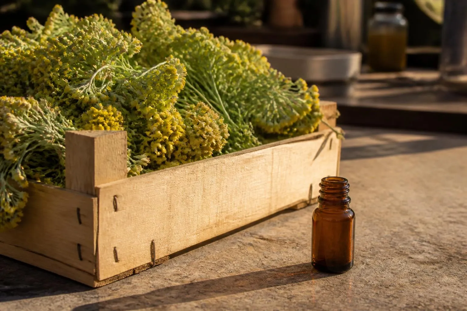 Des sommités d'hélichryse fraîchement coupées dans une cagette en bois, posées près d'un flacon ambré de 5 millilitres sur une table en pierre au soleil rasant