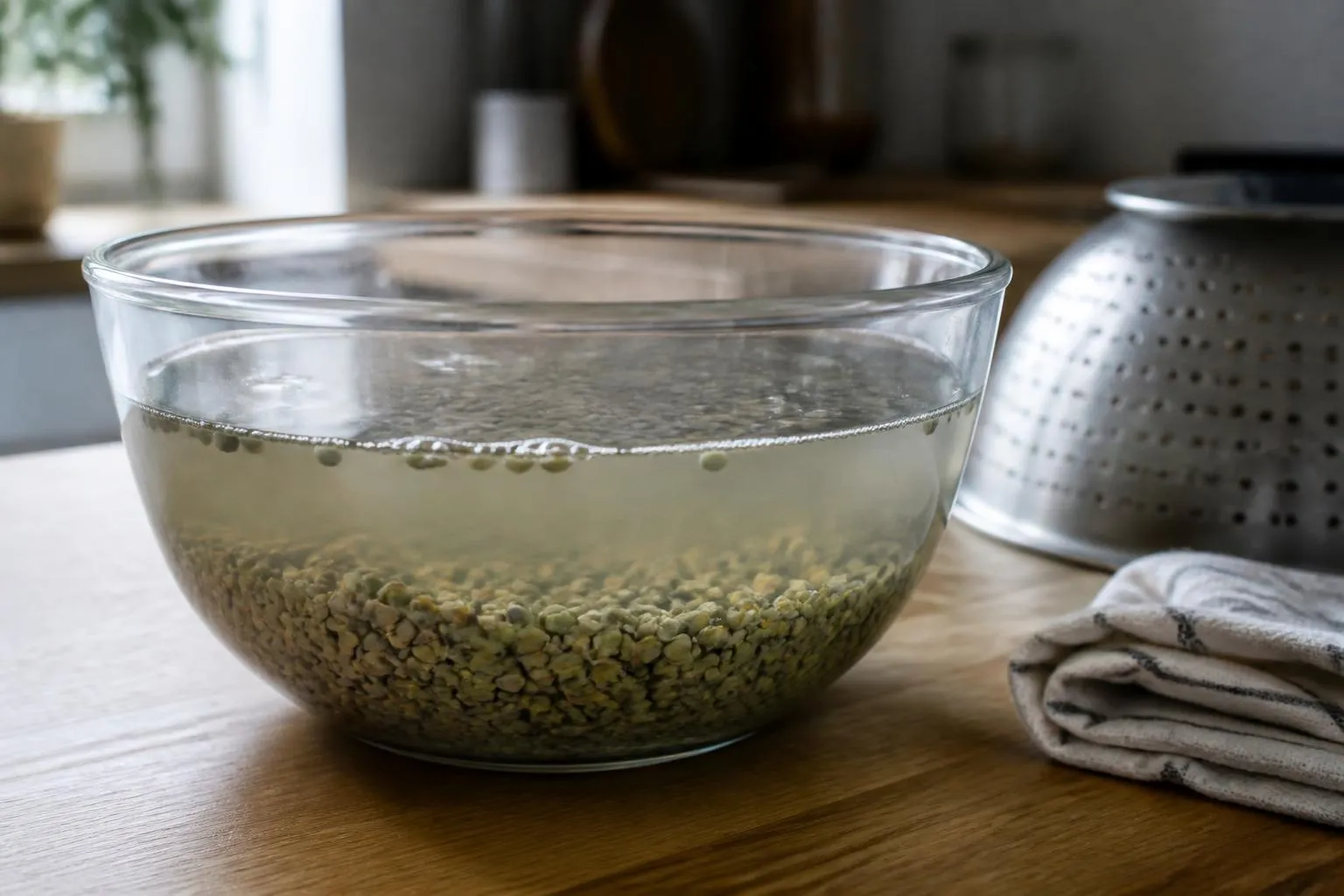 Lentilles vertes en train de tremper dans un saladier d'eau froide, sur un plan de travail