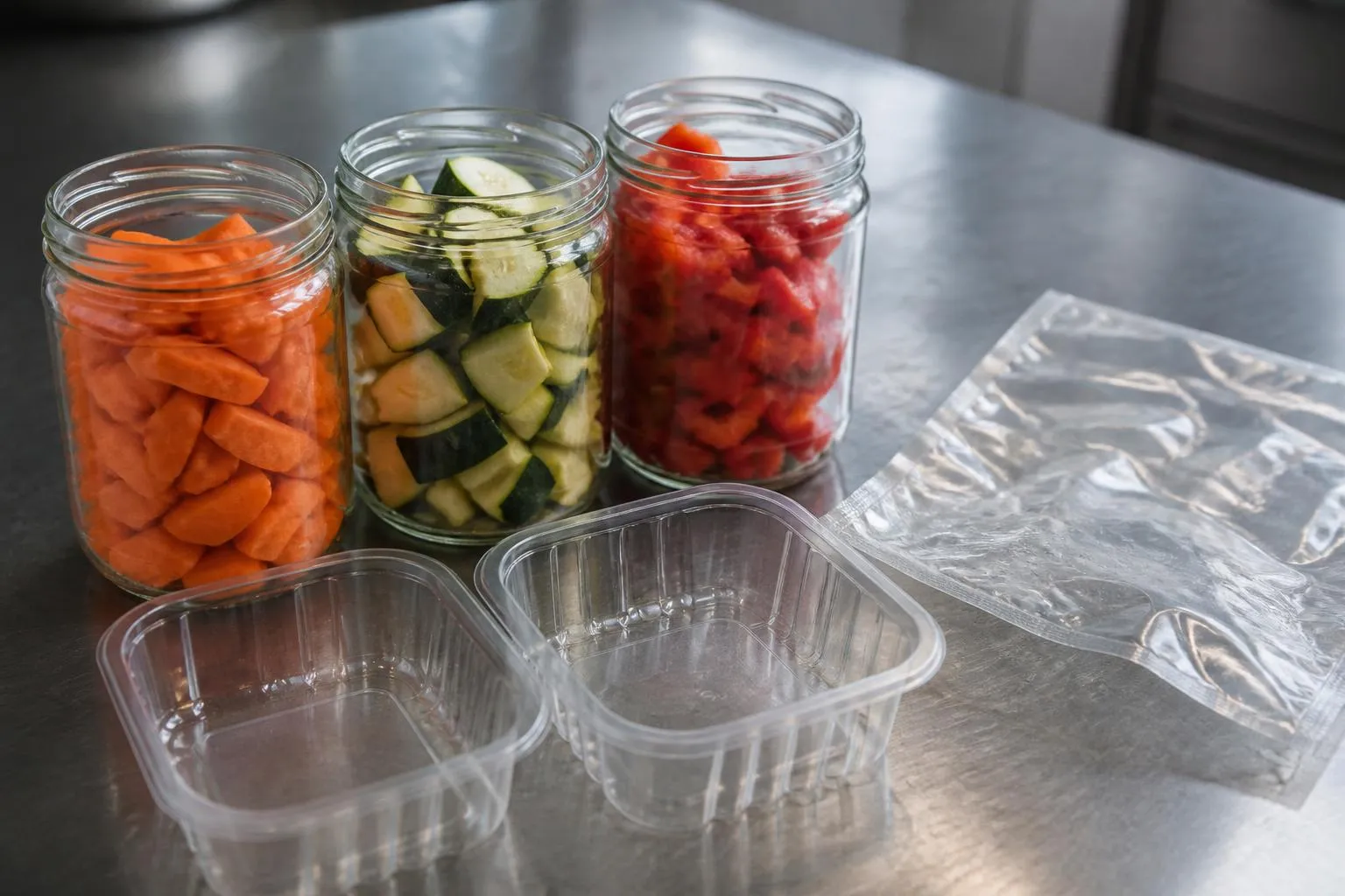 Des bocaux de légumes et des emballages industriels vides posés côte à côte sur un plan de travail en inox.