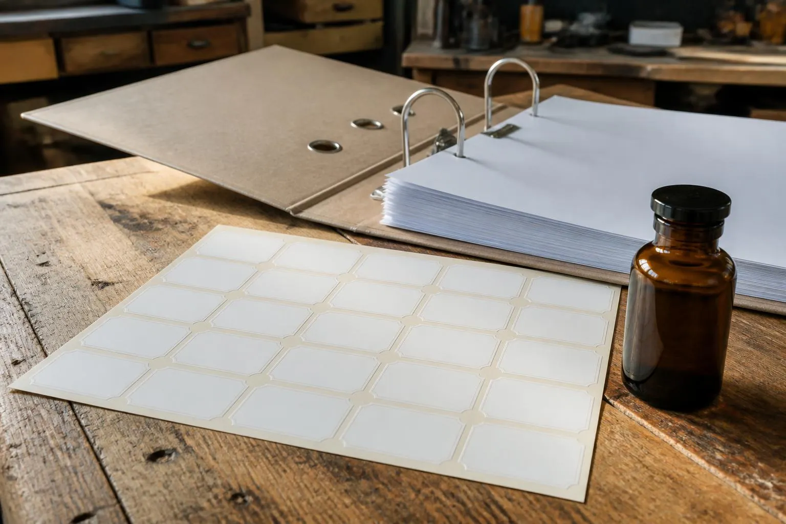 Une planche d'étiquettes autocollantes vierges posée sur un établi, à côté d'un flacon ambré et d'un classeur ouvert