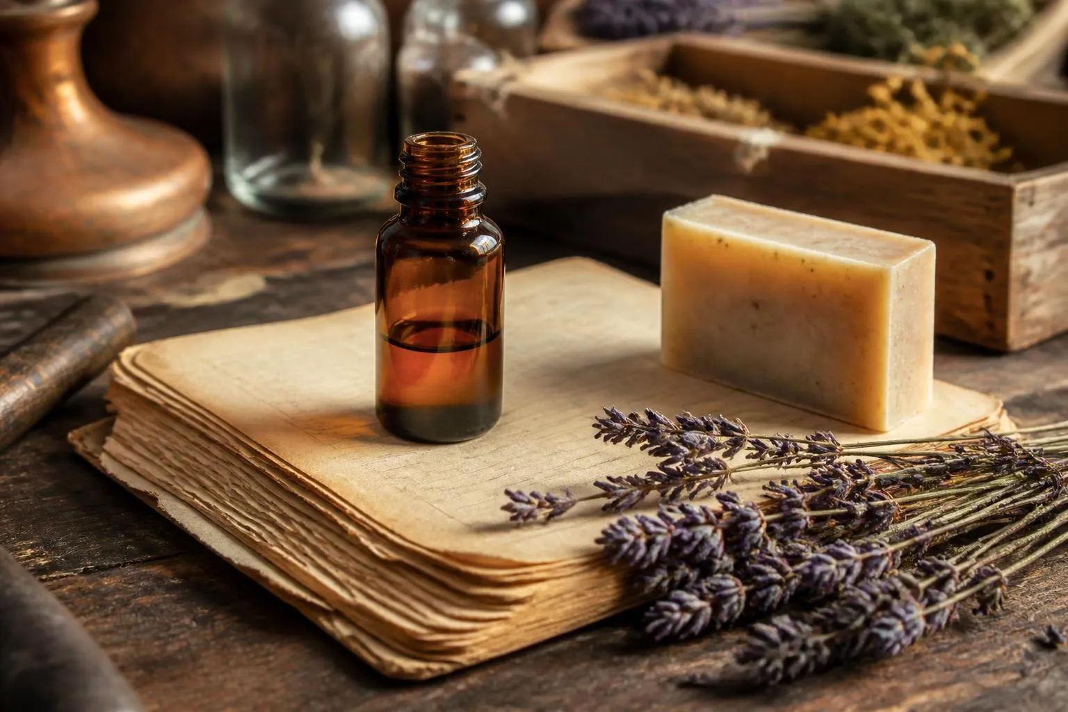 Un flacon ambré d'huile essentielle et un savon posés sur un carnet de distillation ouvert