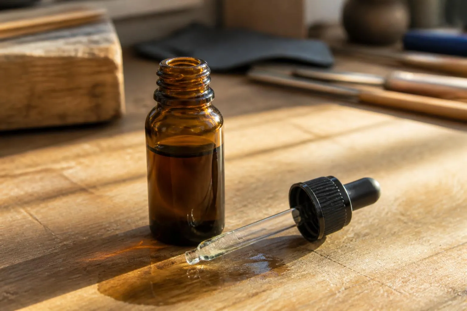 Un petit flacon de verre ambré débouché, posé sur un plan de travail en bois à côté de son bouchon compte-gouttes