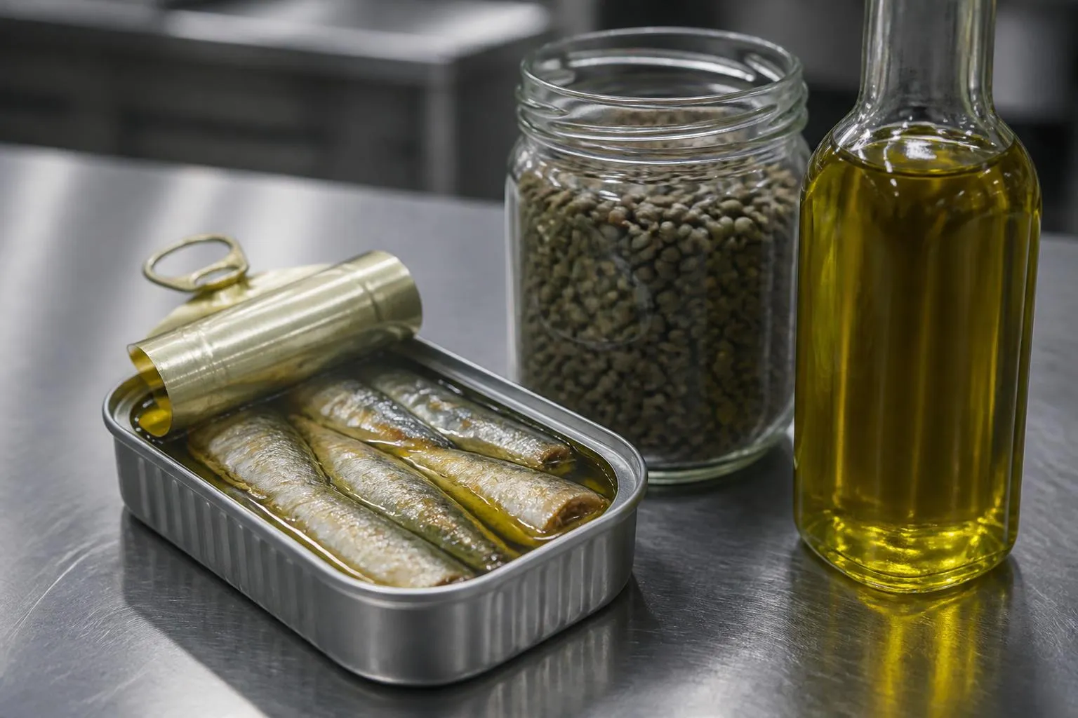 Une boîte de sardines ouverte, un bocal de lentilles vertes et une bouteille d'huile de colza sur un plan de travail