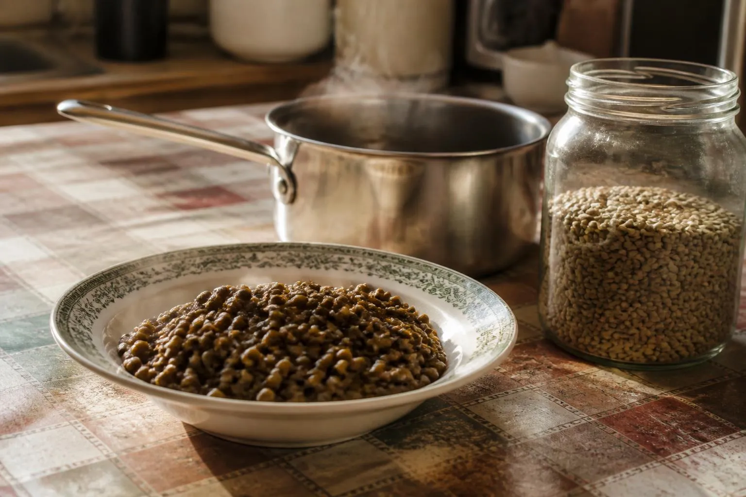 Une assiette creuse de lentilles posée près d'une casserole et d'un bocal de légumes secs sur une toile cirée.