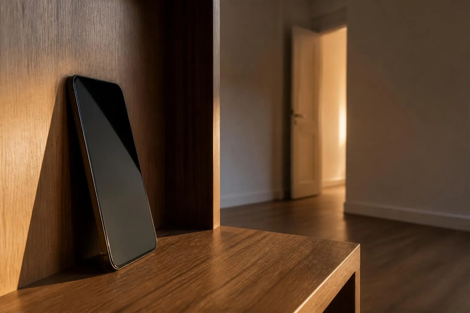Un téléphone posé écran contre le bois sur une étagère nue, dans une pièce vide.