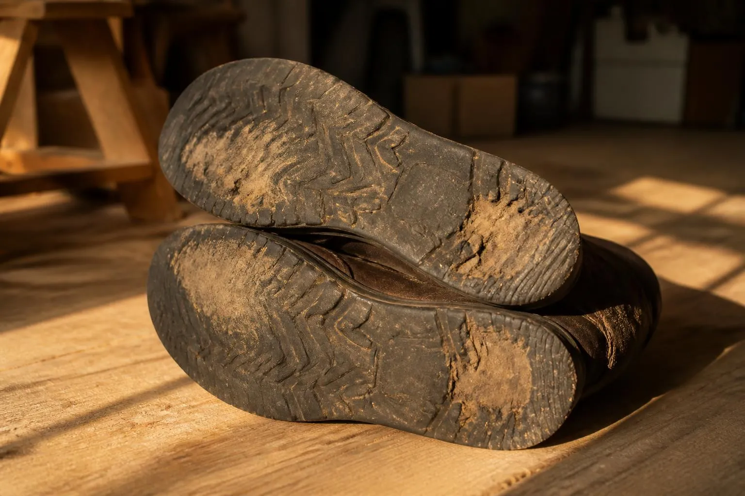 Une paire de chaussures de marche usées posées sur un plancher, semelles tournées vers le haut