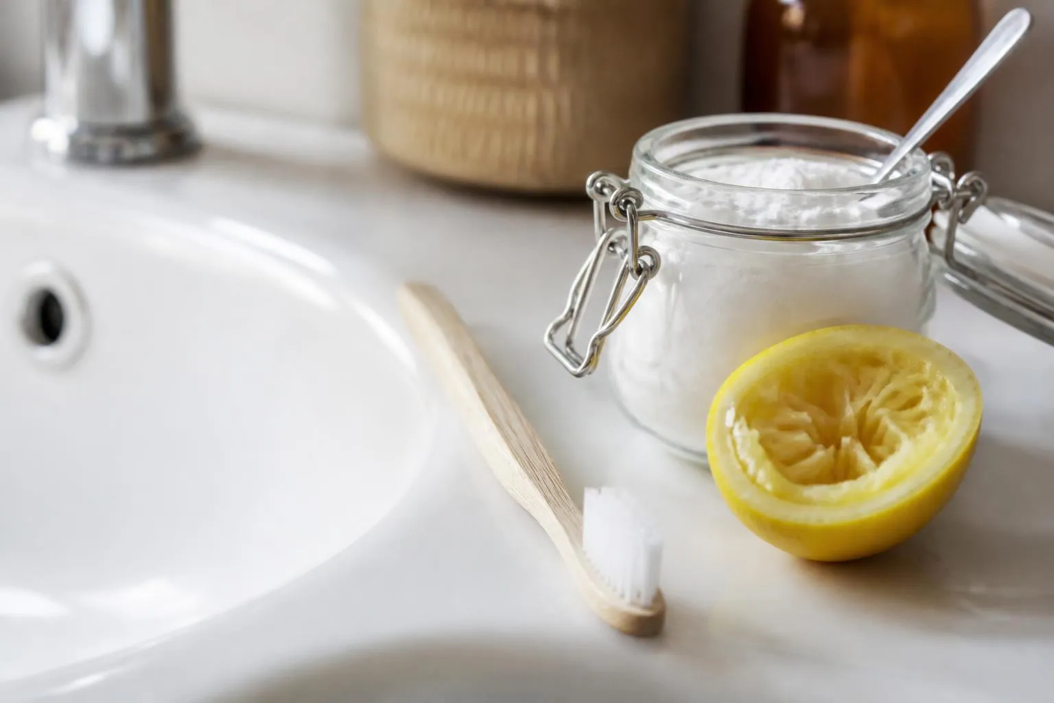 Une brosse à dents à poils souples posée sur le rebord d'un lavabo en faïence, à côté d'un pot de bicarbonate ouvert et d'un demi-citron pressé.