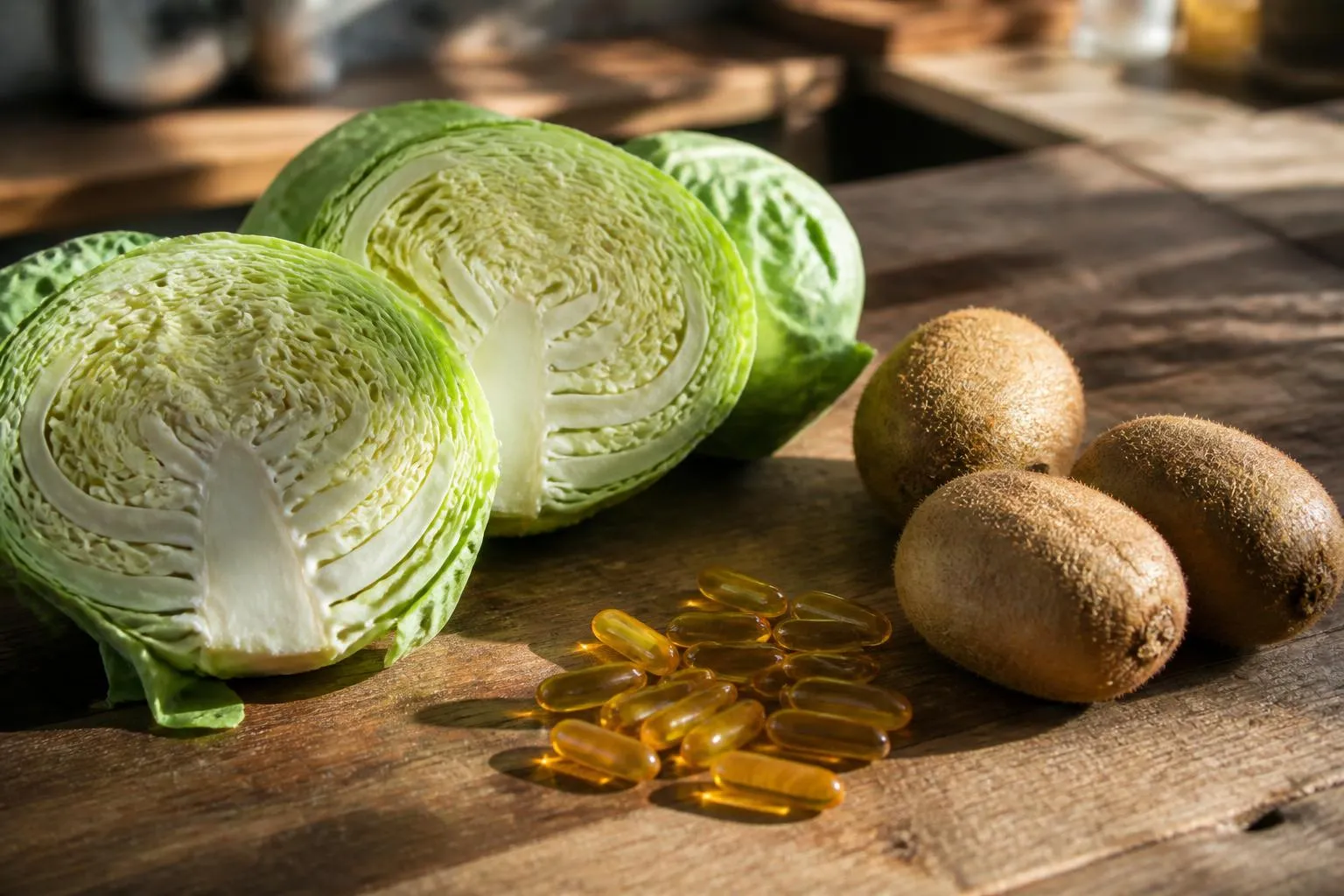 Un chou vert coupé en deux, trois kiwis et quelques gélules ambrées posés sur une table en bois.