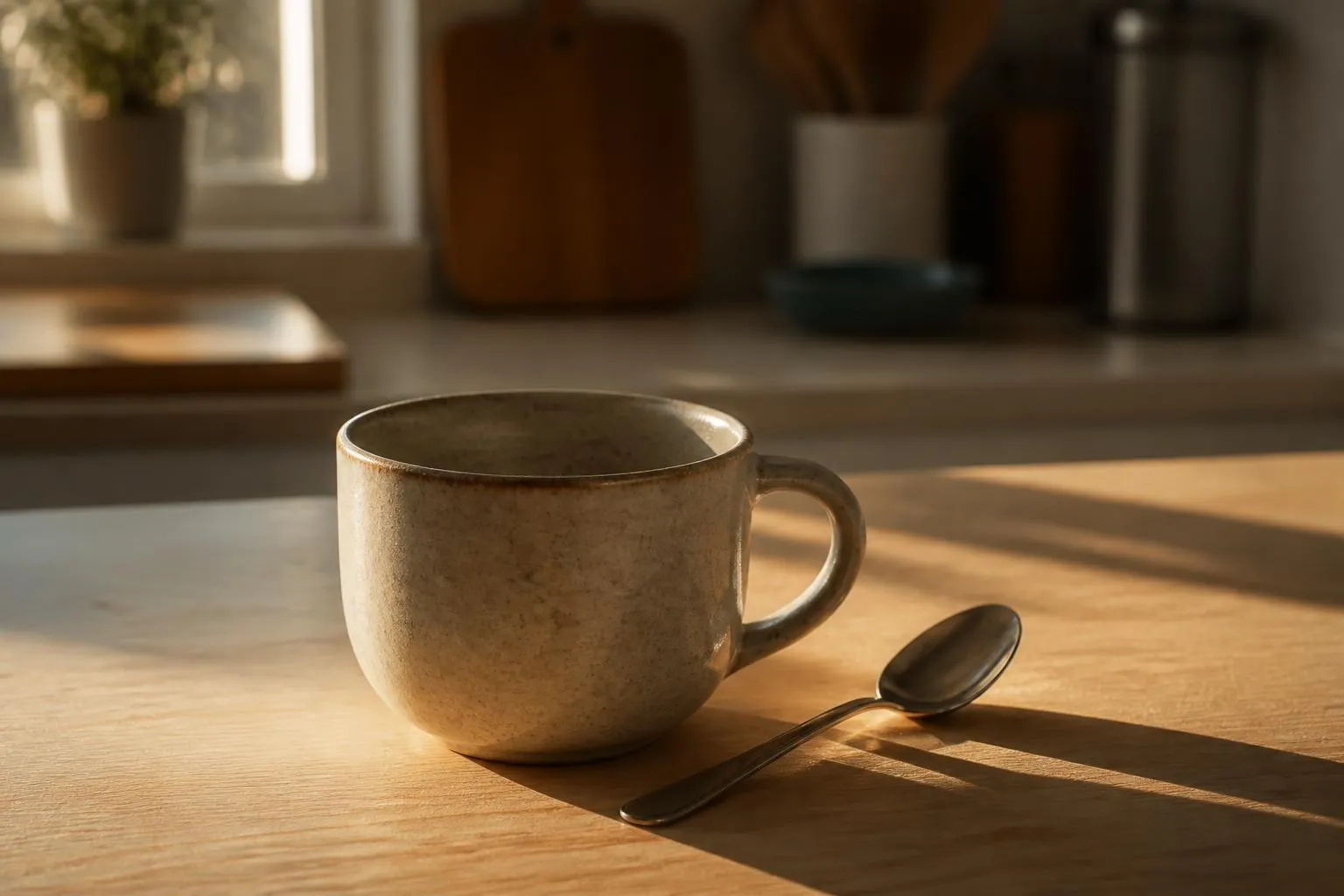 Une tasse à café vide et une cuillère posées sur une table de cuisine en bois, dans la lumière rasante de fin d'après-midi.