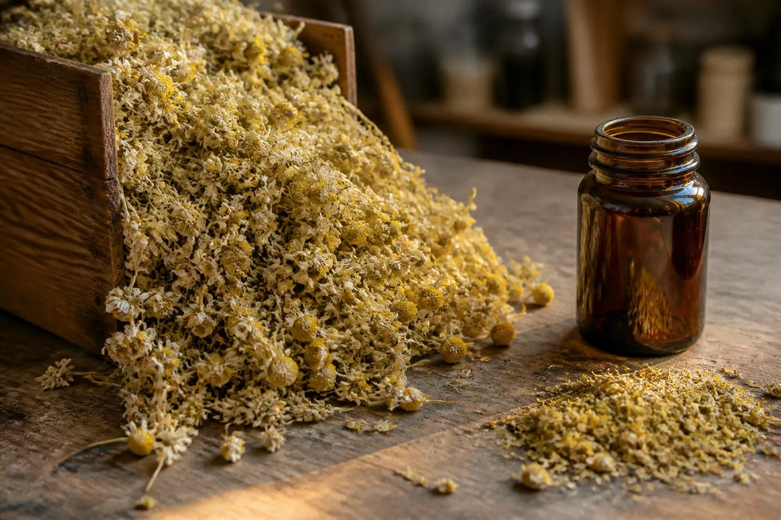 Fleurs de camomille séchées en vrac dans une caisse en bois, à côté d'un flacon ambré ouvert
