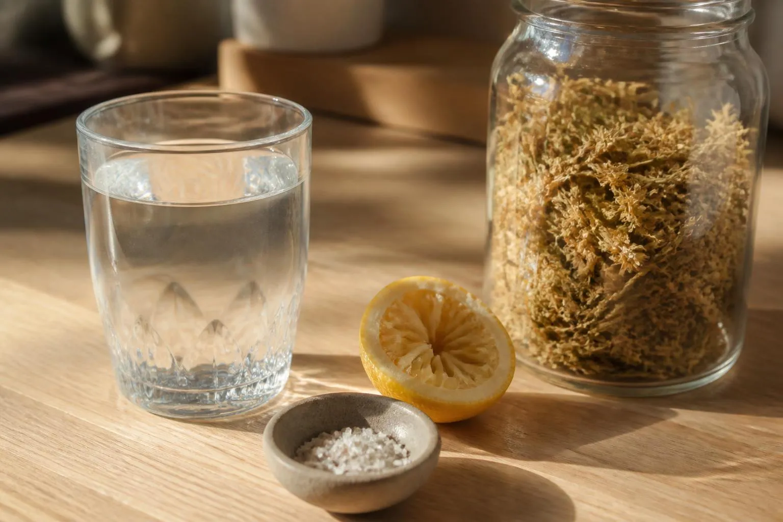 Un verre d'eau, une moitié de citron pressée, une coupelle de sel et un bocal de tilleul séché sur un plan de travail en bois