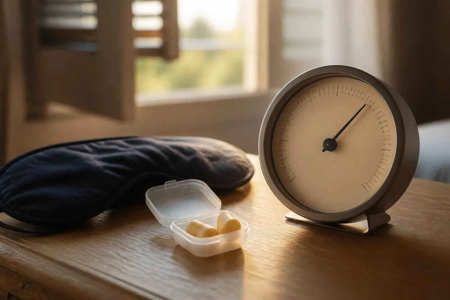 Un thermomètre d'intérieur posé sur une table de nuit en bois, à côté d'une paire de bouchons d'oreille en cire et d'un masque de nuit.
