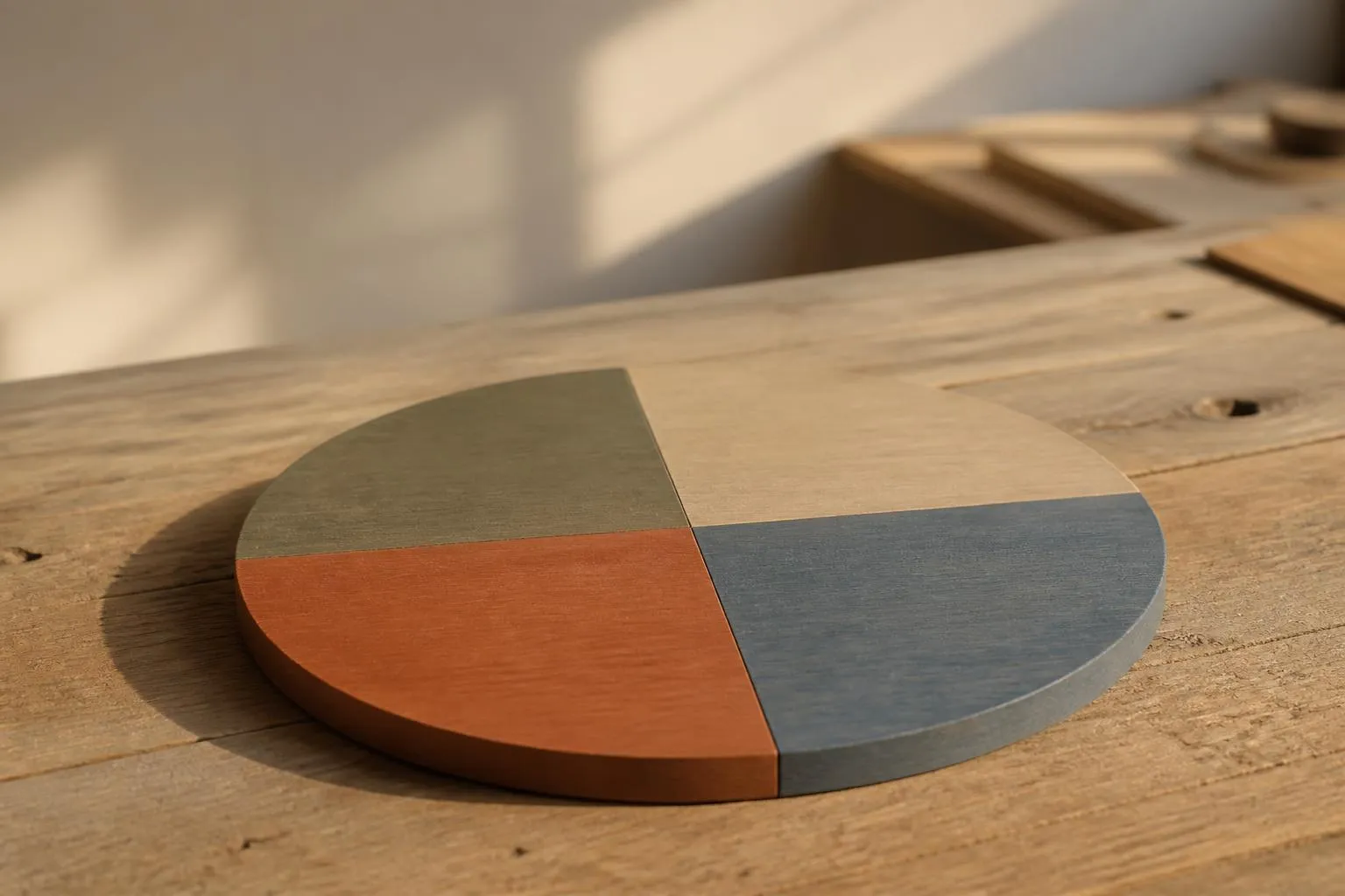 Une roue de bois clair partagée en quatre quartiers peints de teintes différentes, posée à plat sur une table en lumière rasante.