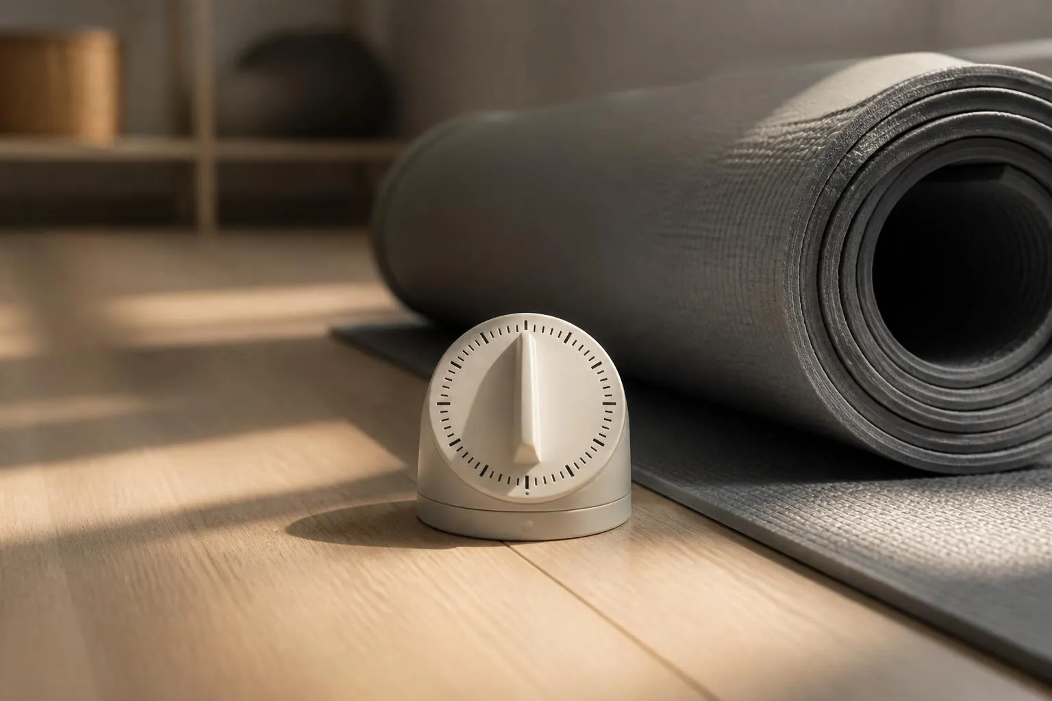 Un minuteur mécanique posé au bord d'un tapis de sol enroulé, dans une salle vide