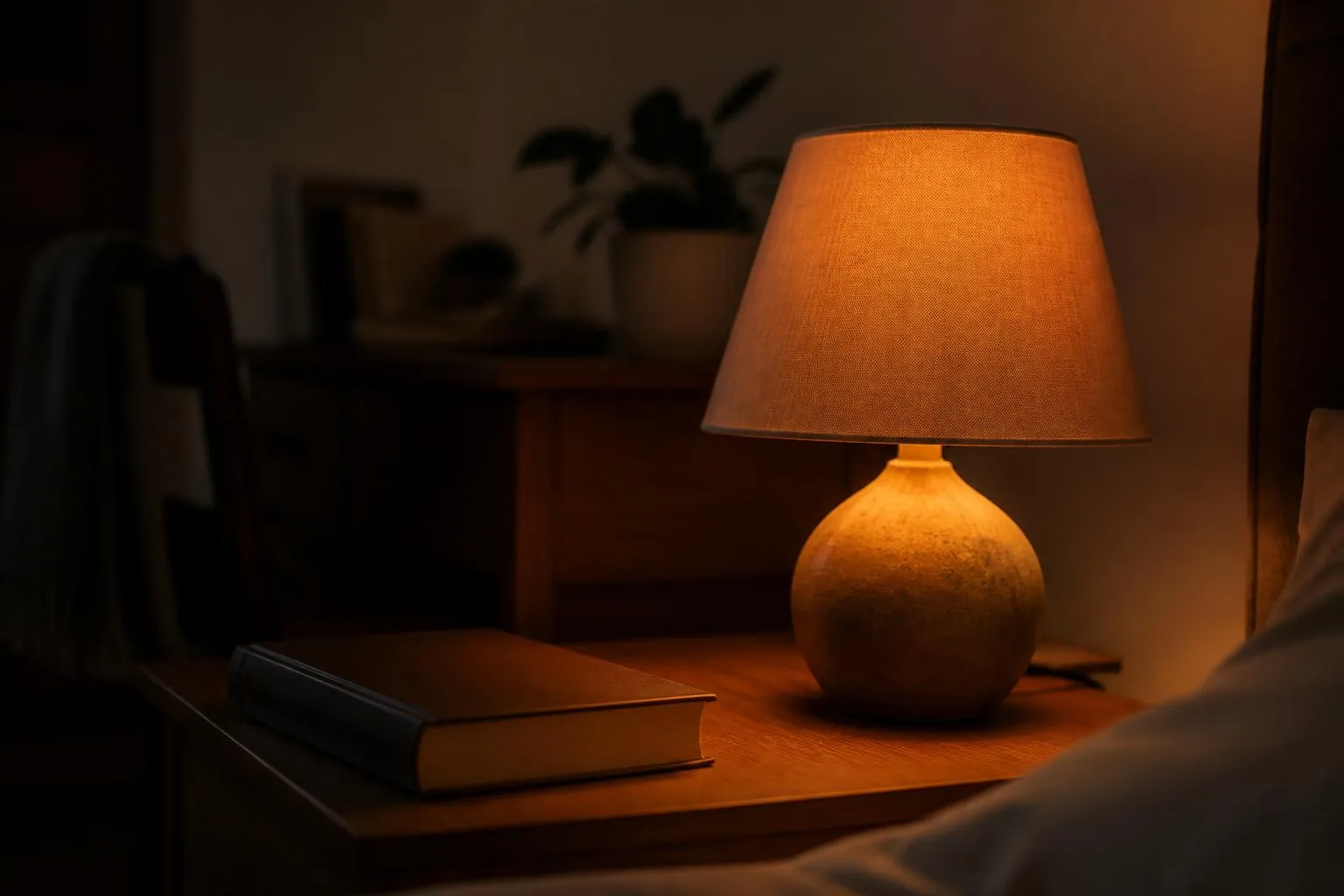Une lampe de chevet allumée à ampoule chaude sur une table de nuit, le reste de la chambre dans la pénombre.