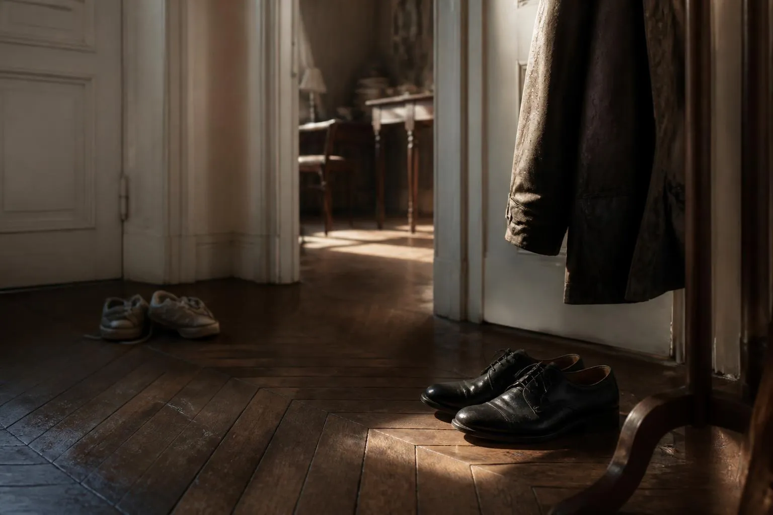 Une entrée d'appartement au petit matin, deux paires de chaussures posées à des heures différentes