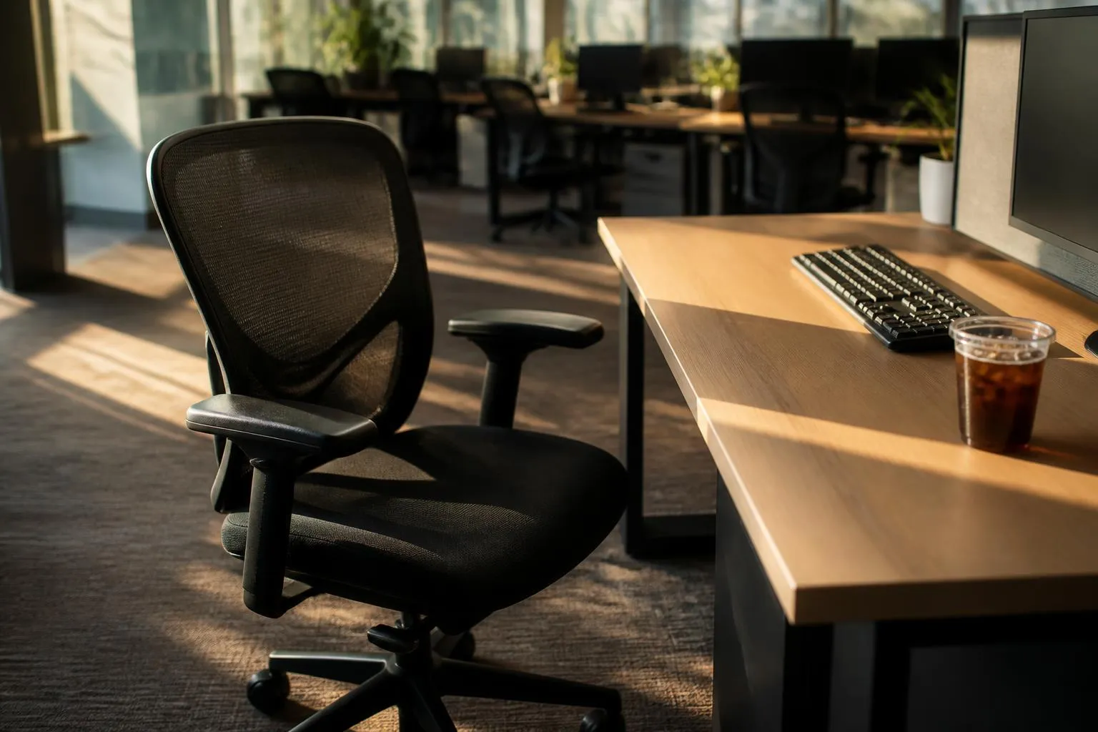 Une chaise de bureau à roulettes tournée vers un clavier, dans la lumière d'une fenêtre
