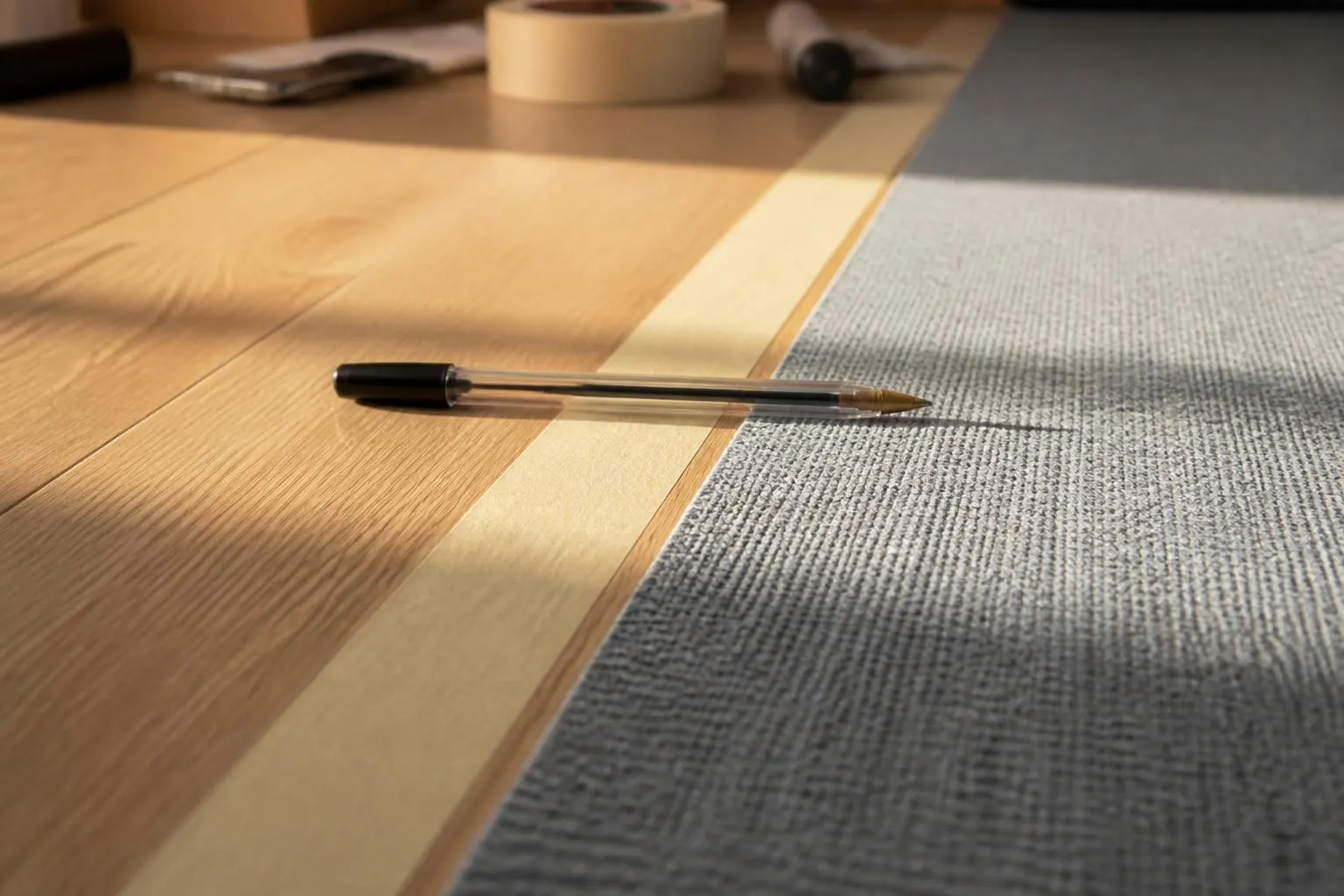 Un ruban adhésif de peintre collé au sol le long d'un tapis, un stylo posé à côté