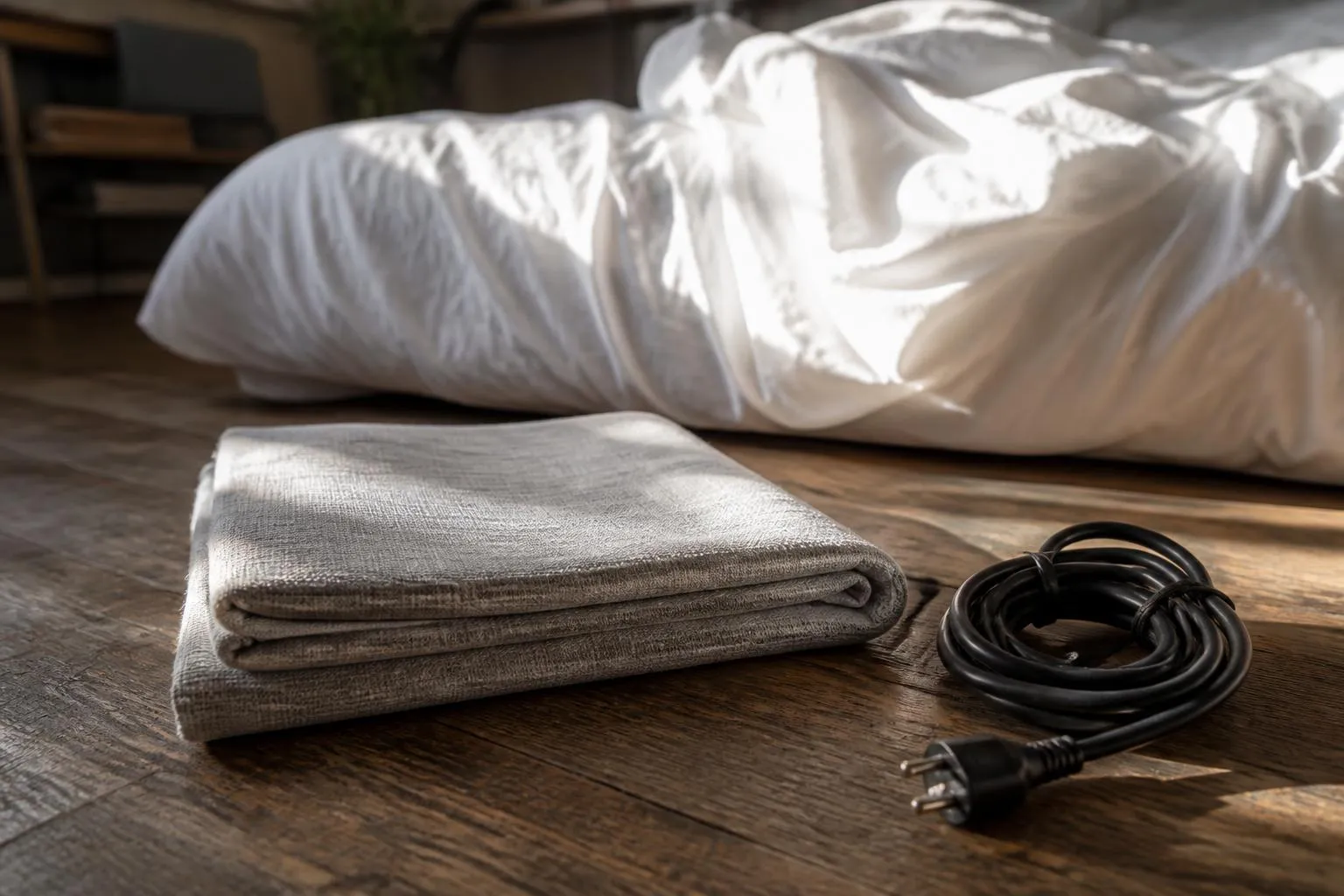 Un drap conducteur gris à fils argentés plié au pied d'un lit défait, son câble enroulé posé sur le parquet