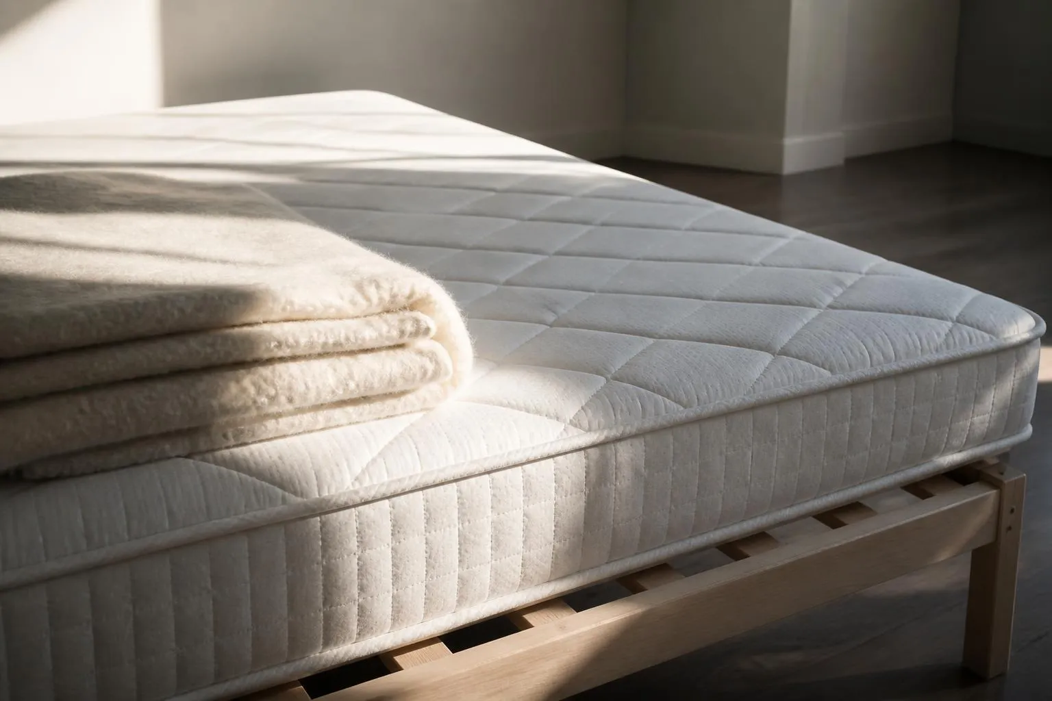 Un matelas nu posé sur un sommier à lattes de bois clair, dans une chambre vide au petit matin.