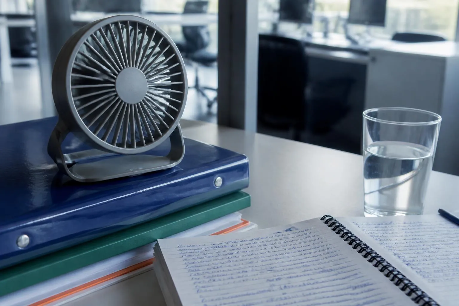 Un ventilateur de bureau posé sur un classeur, à côté d'un carnet ouvert et d'un gobelet d'eau.